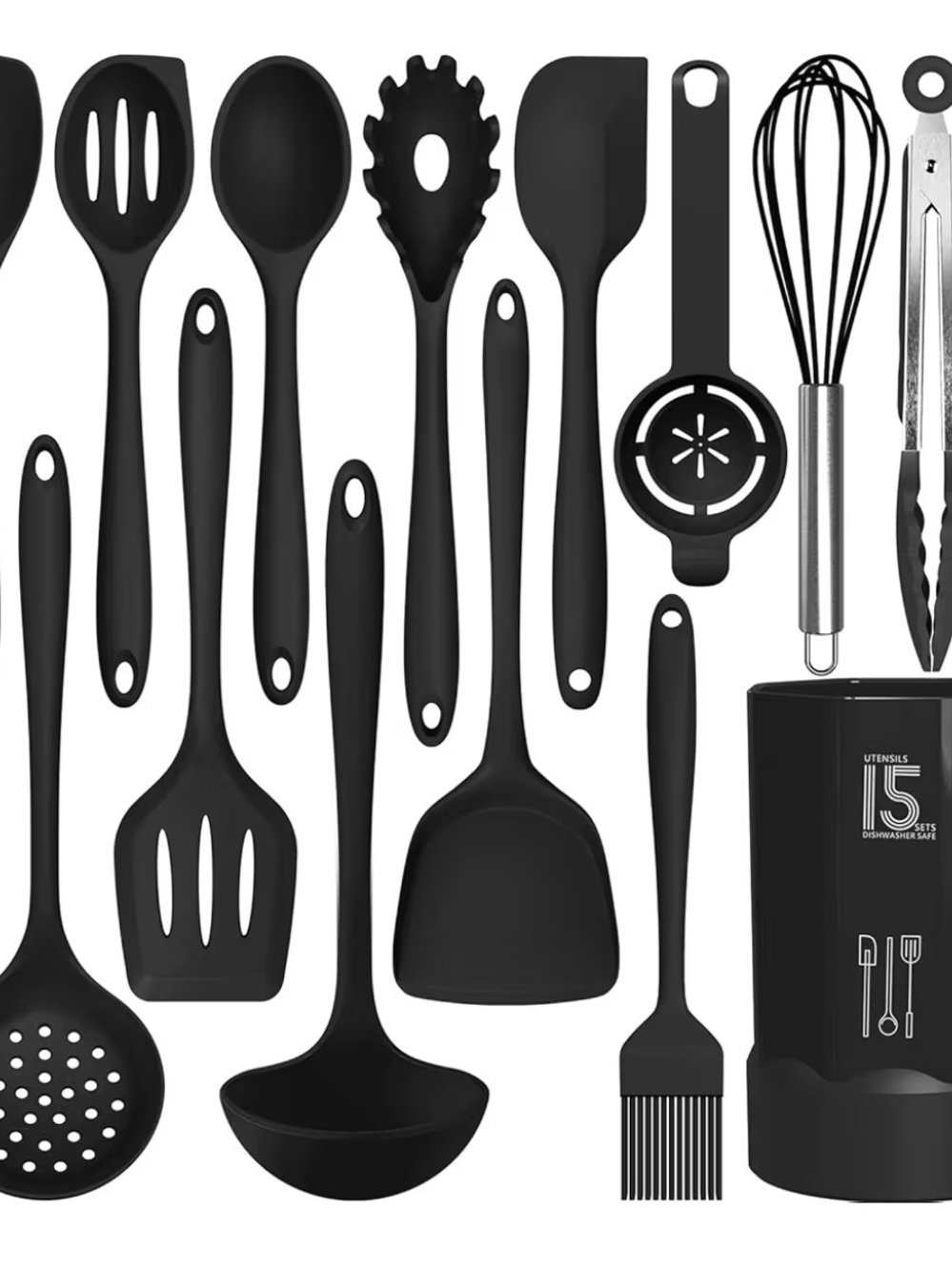 15-Piece Black Silicone Kitchen Utensil Set with Stand